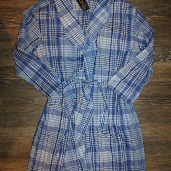 NWT POLO RALPH LAUREN WOVEN PLAID BLUE WHITE BATH ROBE S/M - Picture 1 of 3